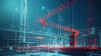 Robotic systems lifting steel beams with extreme precision on a construction site, digital project plans and tools displayed 