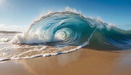 A large wave is crashing on the beach, creating a beautiful and powerful scene, Generative AI