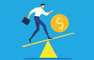 Balancing act. Businessman balancing on a seesaw with a dollar coin, symbolizing the delicate balance of financial risk and reward. Ideal for presentations, articles, and marketing materials.