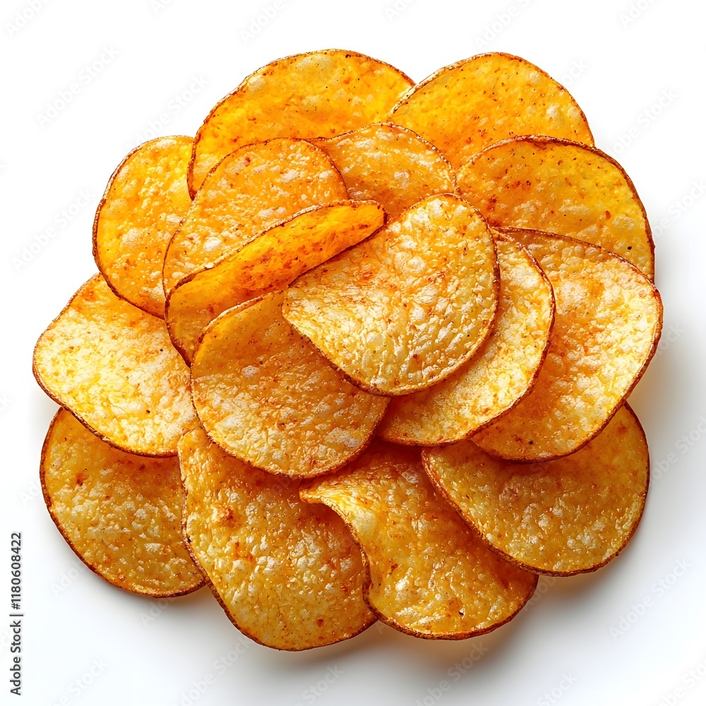 Poster golden crispy potato chips cascading on pristine white background with copy space