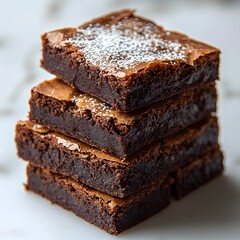 Gooey Chocolate Brownie Squares Dusted with Powdered Sugar on Minimal White Background