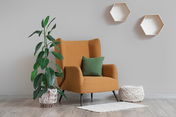 Interior of stylish living room with cozy brown armchair, houseplant and shelves