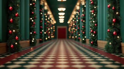 Holiday decoration display in festive corridor mansion interior digital art elegant ambiance low angle view christmas spirit