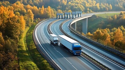 Asphalt highway with electronic toll gates in autumn woodland. Three trucks on the road. The bridge spanning the valley. View from above. Sunny day with bright fall colors