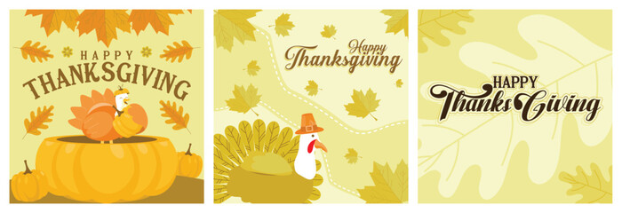 Thanksgiving with cute turkey and autumn leaves in the background.