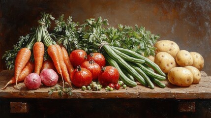 Wooden table, colorful still life vegetables.