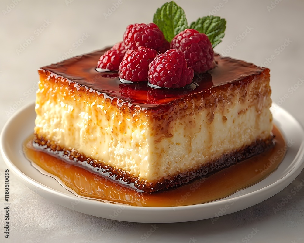 Poster glossy caramel flan served on a white saucer with flowing syrup pooled around