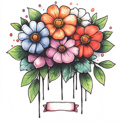 Vibrant Hand-Drawn Flower Bouquet Illustration: A Delightfully Colorful, Detailed Sketch. AI Generated