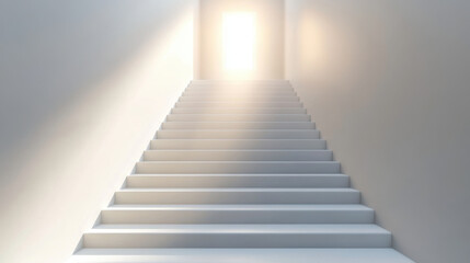 Fototapeta premium bright staircase leads to glowing light, symbolizing success and hope. clean, white design creates serene atmosphere, inviting viewers to envision their journey