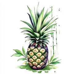 Fototapeta premium Vibrant Pineapple Watercolor Illustration: Lush Green Leaves, Dripping Paint, Detailed Close-Up. AI Generated