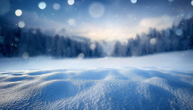 ボケ感のある雪景色の背景。青空の下雪の降る雪山イメージ。スキー場のゲレンデ背景。A background of snowy scenery with a blurred effect. Image of a snowy mountain under a blue sky. A background of a ski slope.