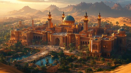 Obraz premium Grand desert palace, sunset, majestic architecture.
