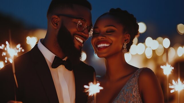 African couple celebrating with sparklers at night
