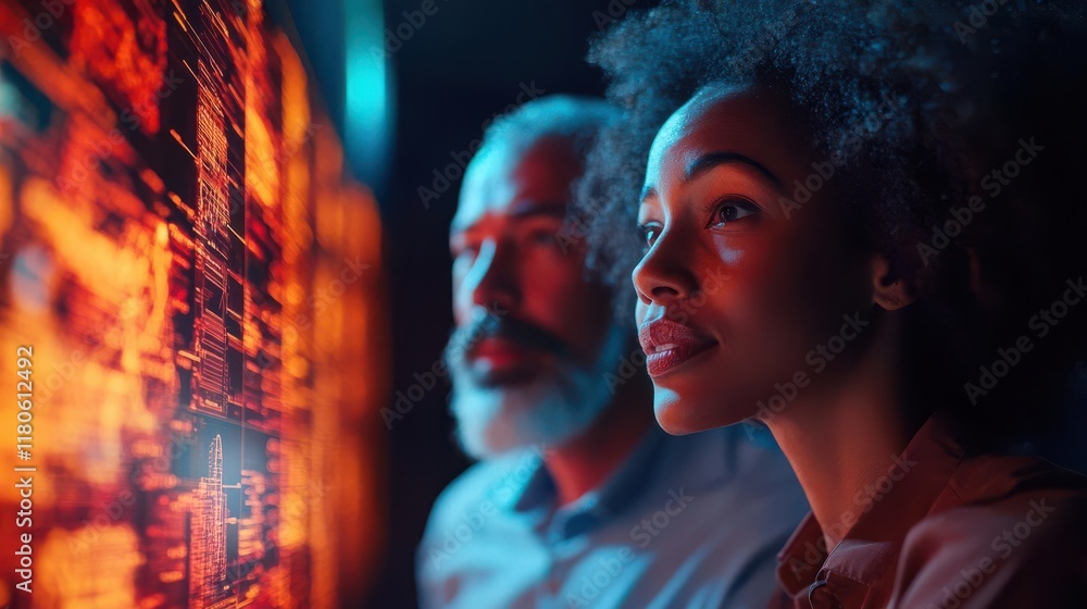 Poster a focused discussion between two individuals analyzing data on a digital screen, set in a vibrant, i