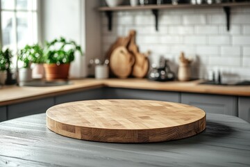 Large round wooden cutting board on table. Perfect for food blogs, recipe sites, or kitchenware ads.