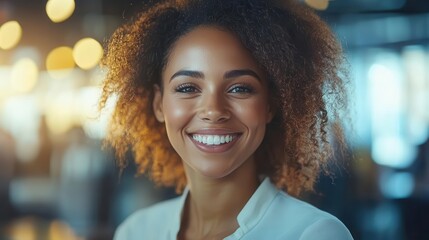 Obraz premium A smiling woman with curly hair, radiating confidence and positivity in a bright, modern setting.