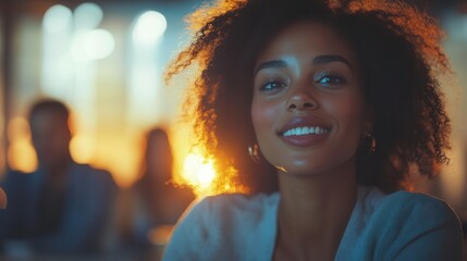 Obraz premium A cheerful woman with curly hair smiles warmly, illuminated by soft light, exuding a friendly and inviting atmosphere.
