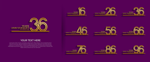 logo anniversary set. gold color with long line on purple background for special event