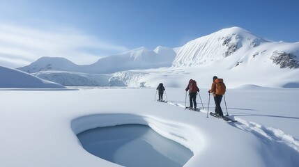 Adventurers hiking on snowy terrain in majestic arctic landscape