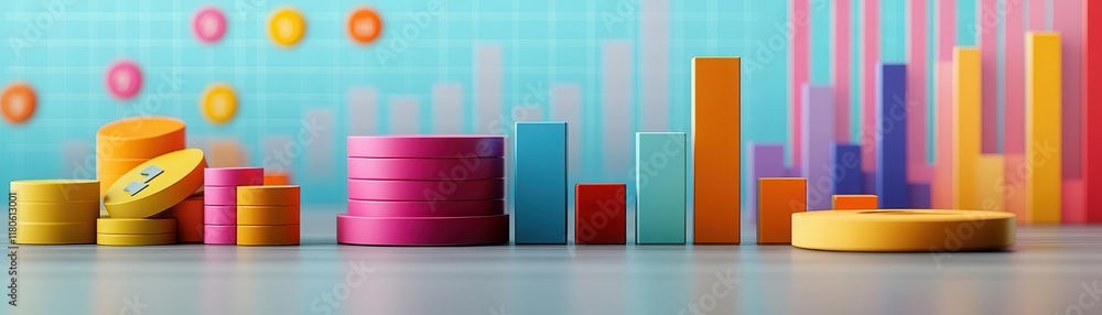 Poster a vibrant display of colorful coins and bar graphs representing finance, growth, and data visualizat