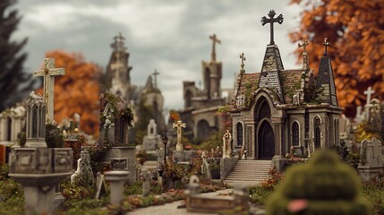 Obraz premium Gothic Cemetery Architecture: Autumnal Crypt and Crosses