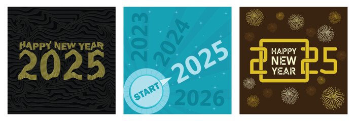 Vibrant New Year 2025 holiday celebration themed design set with fireworks.