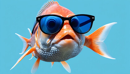 a fish wearing sunglasses and a pair of sunglasses on its face is shown in this image, it looks like a fish with a pair of sunglasses on its head and a blue background,., generative ai