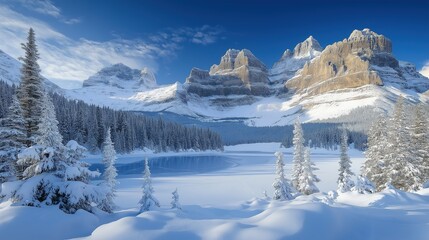 Stunning snowy mountain landscape with evergreen forest and frozen lake
