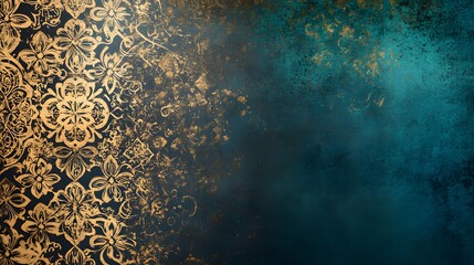 vibrant and detailed background filled with gold and teal arabesque patterns. One side features a fade-out effect into a plain dark background