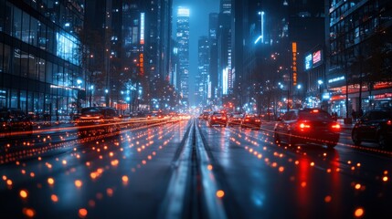 Obraz premium Night cityscape with illuminated streets and moving vehicles.