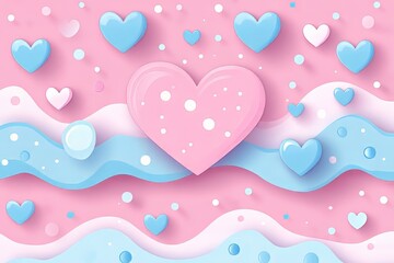 Colorful heart patterns in pink and blue tones creating a whimsical backdrop.