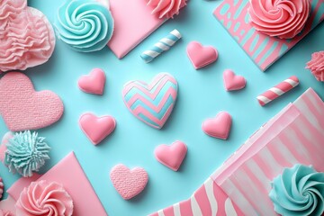 Obraz premium Colorful pastel sweets and decorations in pink and turquoise tones on a soft blue background.