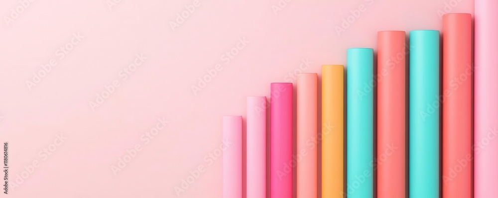 Poster a colorful arrangement of pastel cylindrical objects against a soft pink background, creating a visu