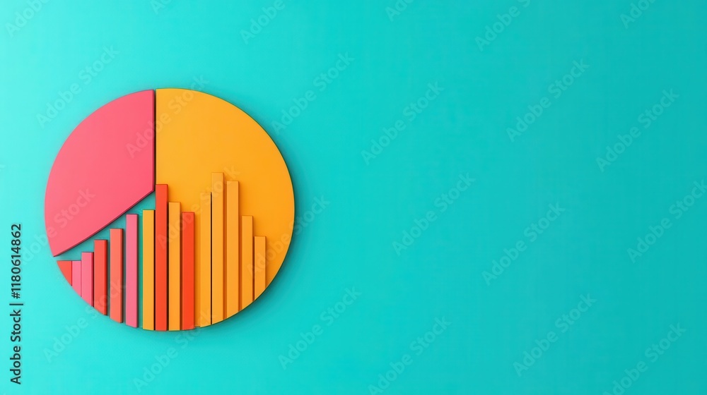 Poster a colorful pie chart with a bar graph design, set against a bright teal background, illustrating dat