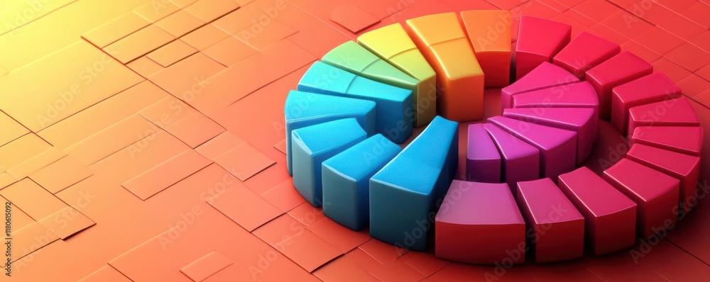 Poster a vibrant, circular arrangement of colorful 3d blocks set against a bright gradient background, crea