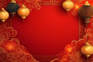 Festive red background with golden lanterns and intricate cloud patterns.