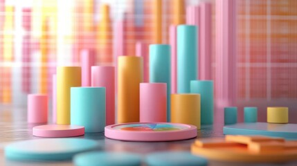 A vibrant arrangement of colorful cylindrical shapes and circular elements, set against a backdrop of soft gradient hues, creating a modern, abstract aesthetic.