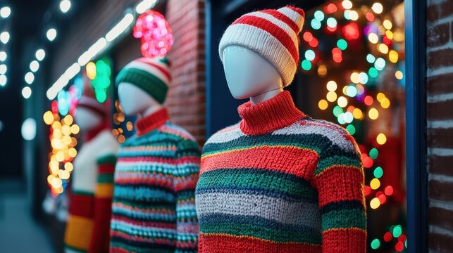 Festive holiday sweaters displayed on mannequins shopping street retail storefront evening colorful lights fashion - Powered by Adobe