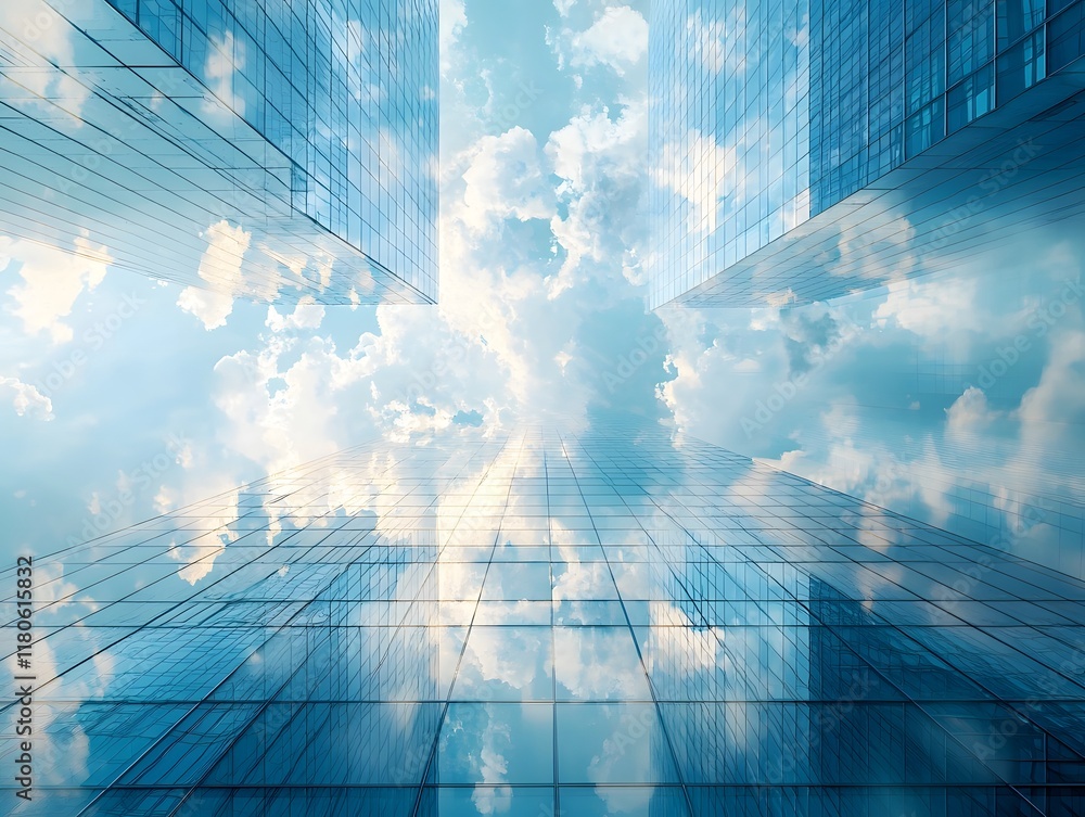 Poster fragmented skyscraper reflection creating an intricate mosaic effect in the sky