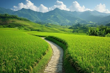 Fototapeta premium Stone path through vibrant green rice paddies, mountains.