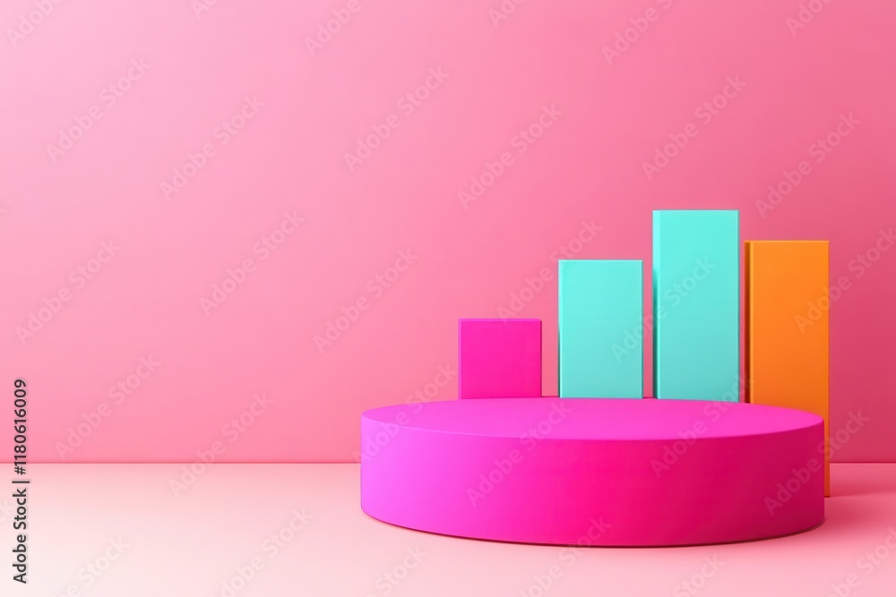 Poster a colorful 3d bar chart sits on a round pedestal against a pink background, illustrating data visual