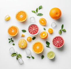 Bright and Colorful Citrus Fruits Arrangement with Ice Cubes and Green Leaves Over a White Background for Fresh and Healthy Lifestyle Concepts