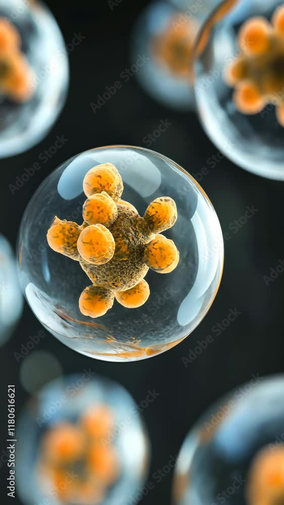 Poster microbial structures displaying unique shapes and vibrant colors under magnification in a dark envir