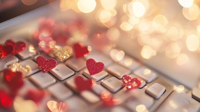 66.A flat-lay composition of a computer keyboard with red and gold heart confetti scattered across the keys. A soft light highlights the textures, with a blurred, elegant backdrop in complementary