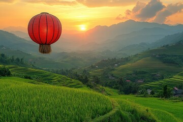 Fototapeta premium Red lantern floats above sunset rice terraces.
