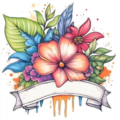 Vibrant Tropical Flower Illustration: Boldly Colored Hand-Drawn Bouquet with Blank Banner. AI Generated