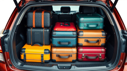 Suitcases packed in a car trunk, ready for a journey.  Plenty of space for travel.