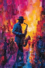 Saxophonist plays amidst vibrant, abstract city scene.
