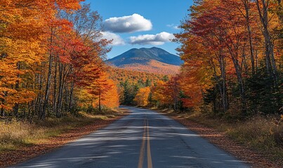 Obraz premium Autumn road trip, vibrant foliage, mountain view, scenic drive