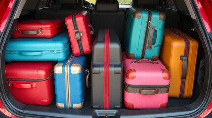 Suitcases packed in a car trunk, ready for a journey. Colorful luggage filled to the brim, symbolizing travel and adventure.